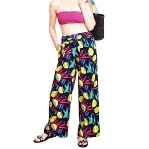 Tabitha Brown Linen Lemon Colorful Wide Leg Pants High Waisted Belt Size Med EC